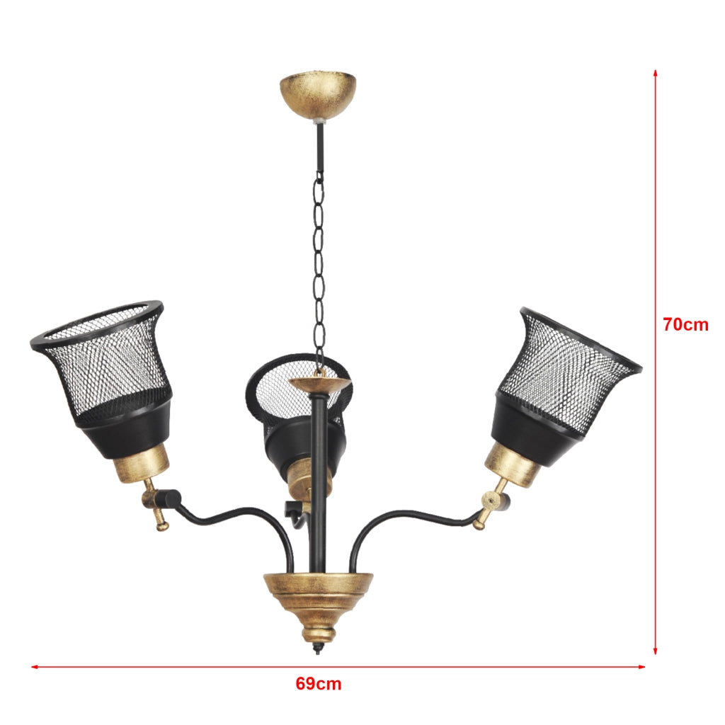 Lampadario a 3 Bracci con Paralumi Reticolati e Regolabili in Verticale - Lampada da Soffitto in Metallo - Nero / color Oro Anticato - lux.pro