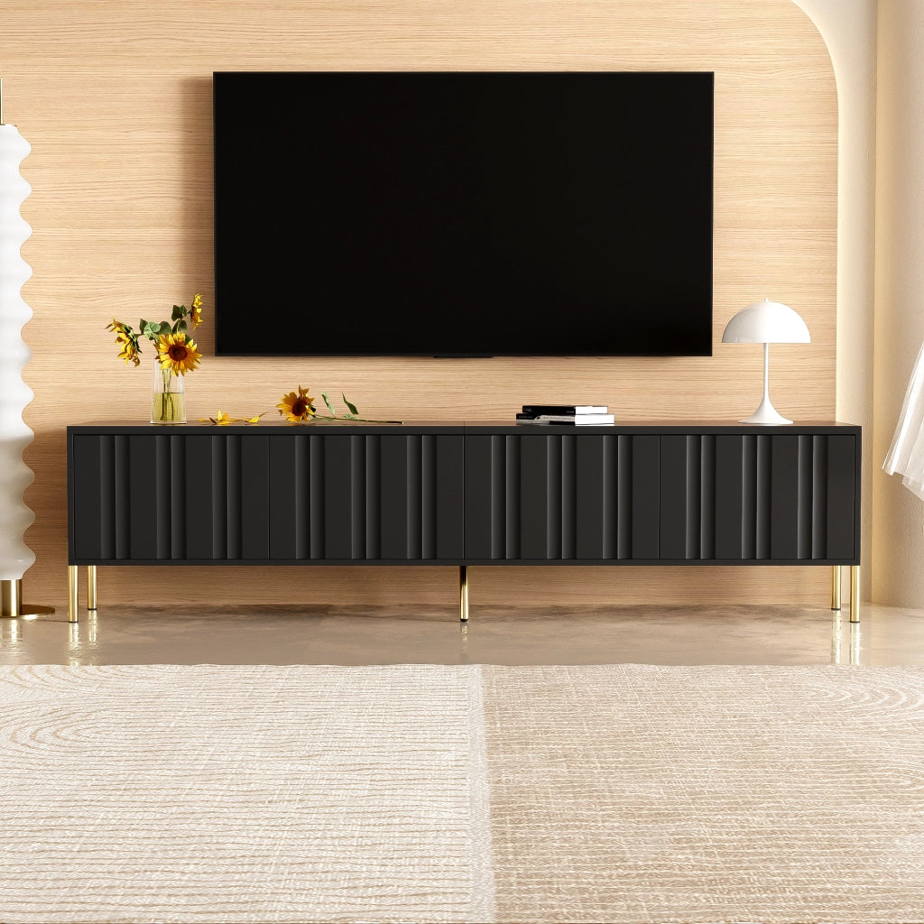 Mobile TV con 4 Ante e 8 Ripiani; Ante Scanalate; Gambe Dorate; per Soggiorno; in MDF e Pannelli di Particelle; Nero; 190×38×48 cm