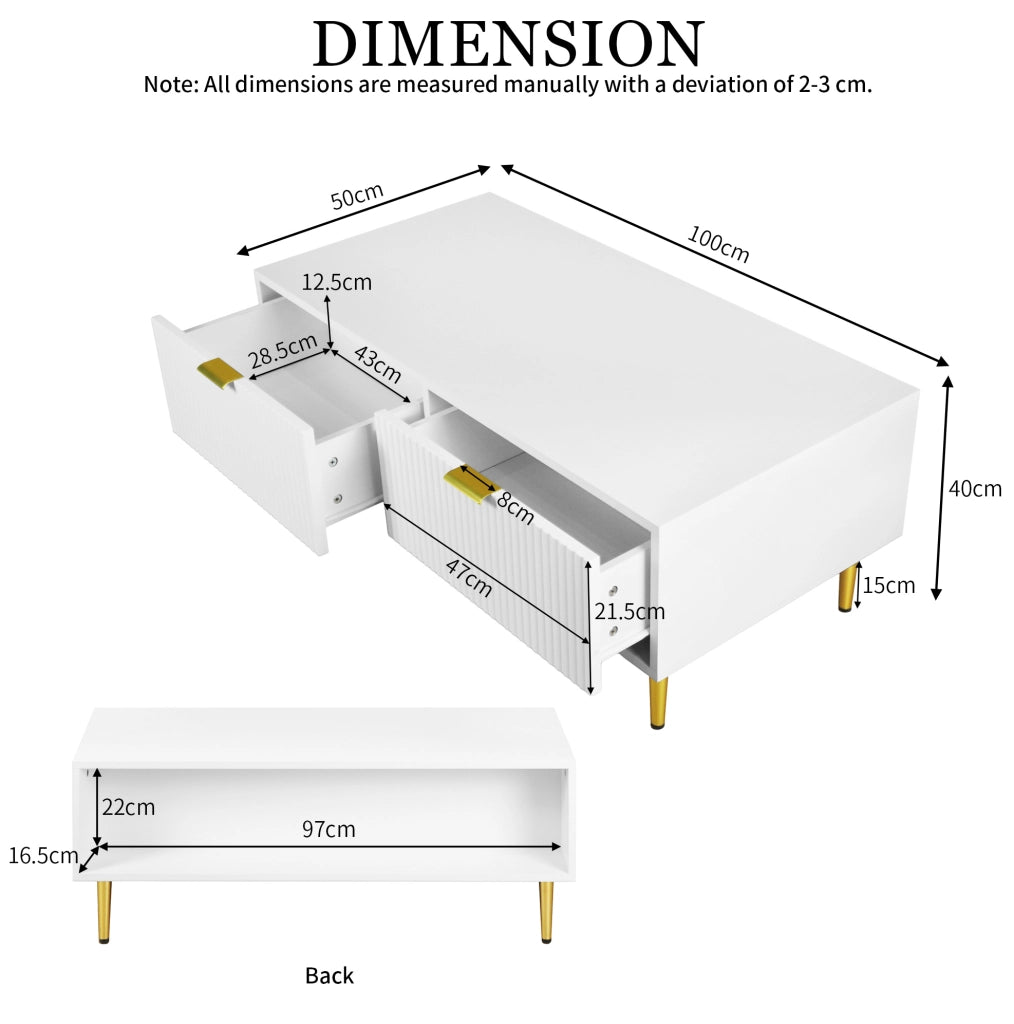 Tavolino da caffè bianco e oro con 2 cassetti; ripiano inferiore; MDF; 100x50x40 cm