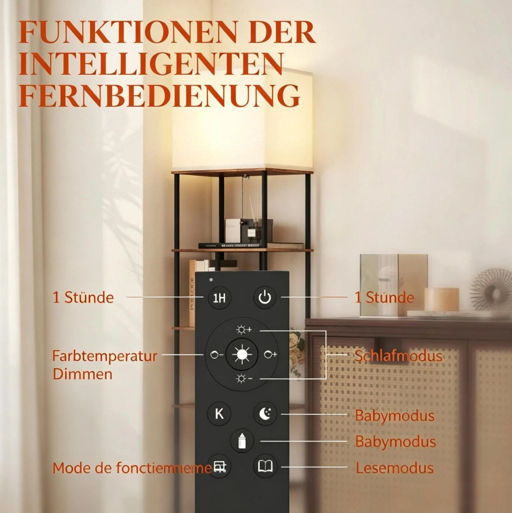 Lampada da terra dimmerabile con 5 ripiani; telecomando; MDF e metallo; beige e nero