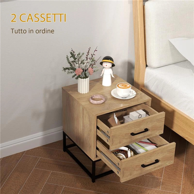 SET DI 2 COMODINI CON 2 CASSETTI STILE INDUSTRIALE IN LEGNO E ACCIAIO COLORE LEGNO