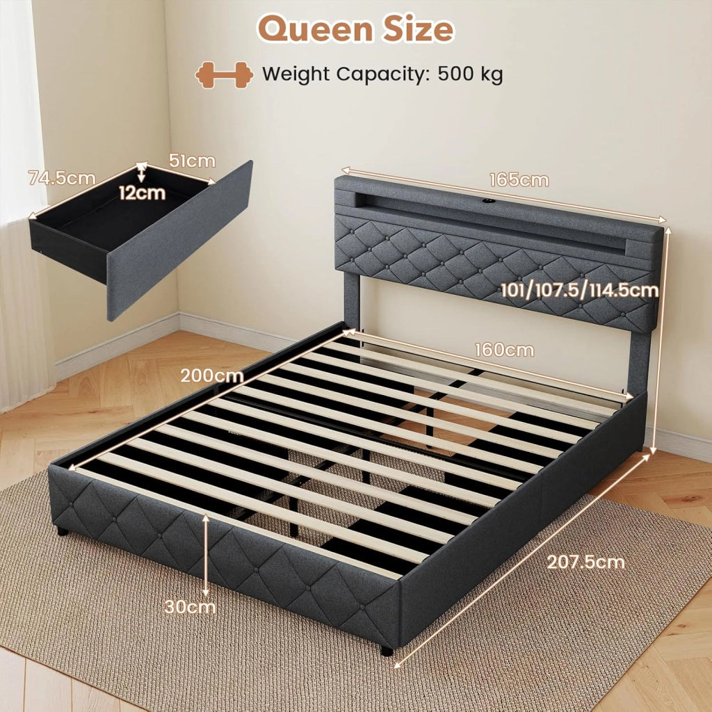 Telaio Letto Matrimoniale 140x200 / 160x200 cm con LED, Porte USB, Testiera e Cassetti Regolabili, Capacità di Carico 500 kg, Colore Grigio