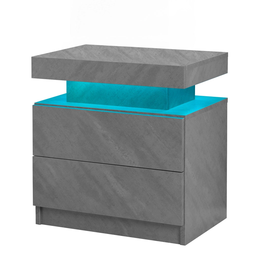 Comodino con LED multicolore; 2 cassetti e vano a giorno; grigio scuro