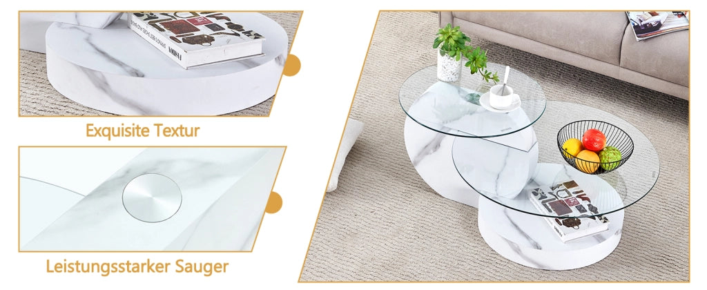 TAVOLINO DA CAFFÈ Doppio piano Ø70/50 cm MDF Bianco Marmo Vetro Trasparente