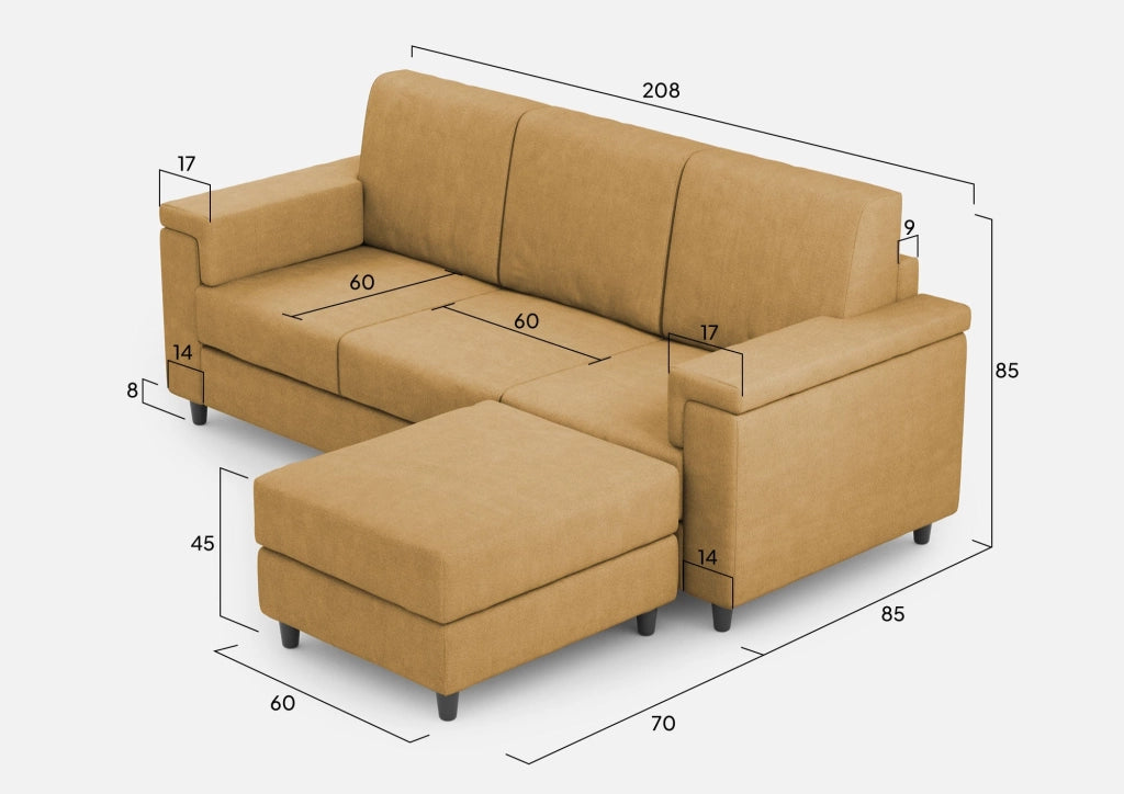 Divano 3 Posti con Pouf 208x155x85 cm Marrak in Tessuto Ocra