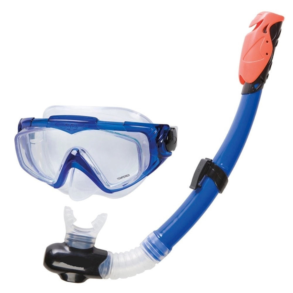 Trade Shop - Set Maschera In Vetro Con Boccaio Per Immersioni Snorkeling Sub Mare Piscina Blu -