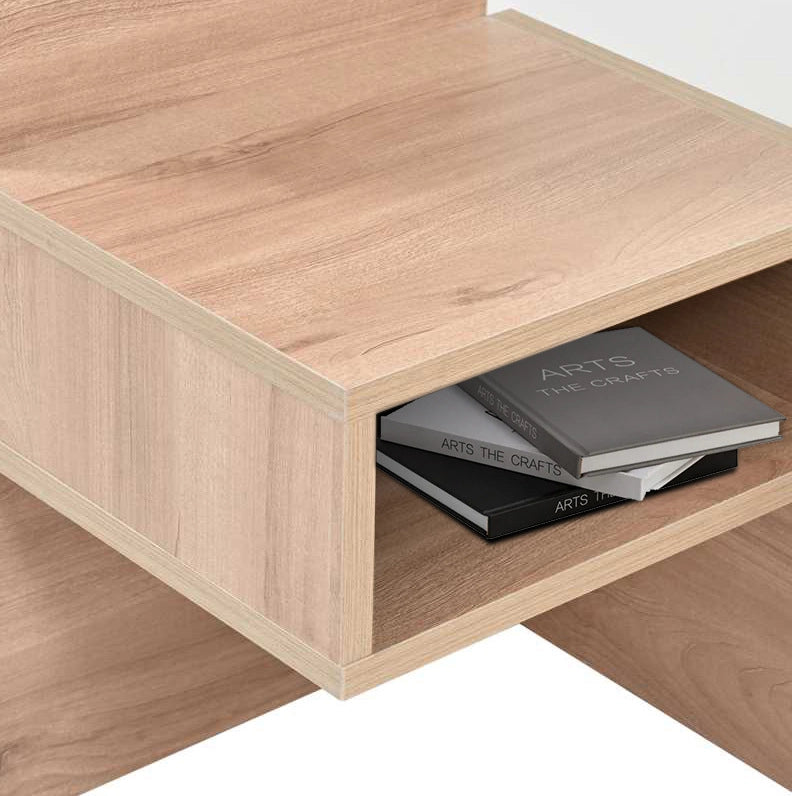 Letto matrimoniale 140x200 cm bianco e rovere con cassetti, luci LED USB e comodini