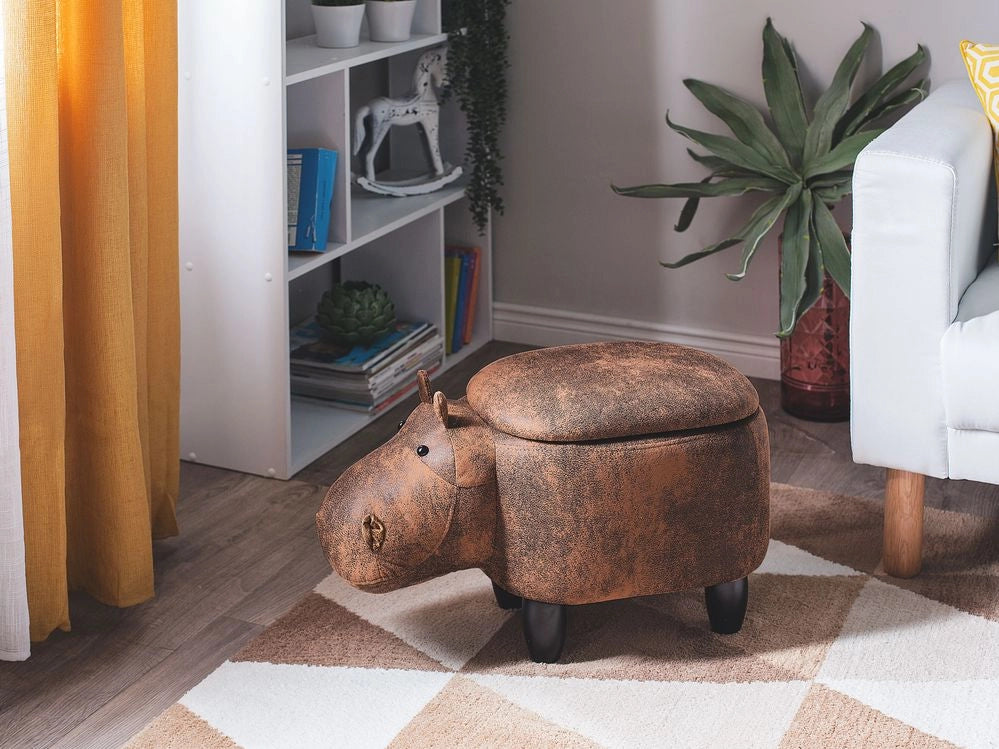 Sgabello per bambini Animale Hippo con contenitore in ecopelle marrone con gambe in legno Poggiapiedi per la scuola materna