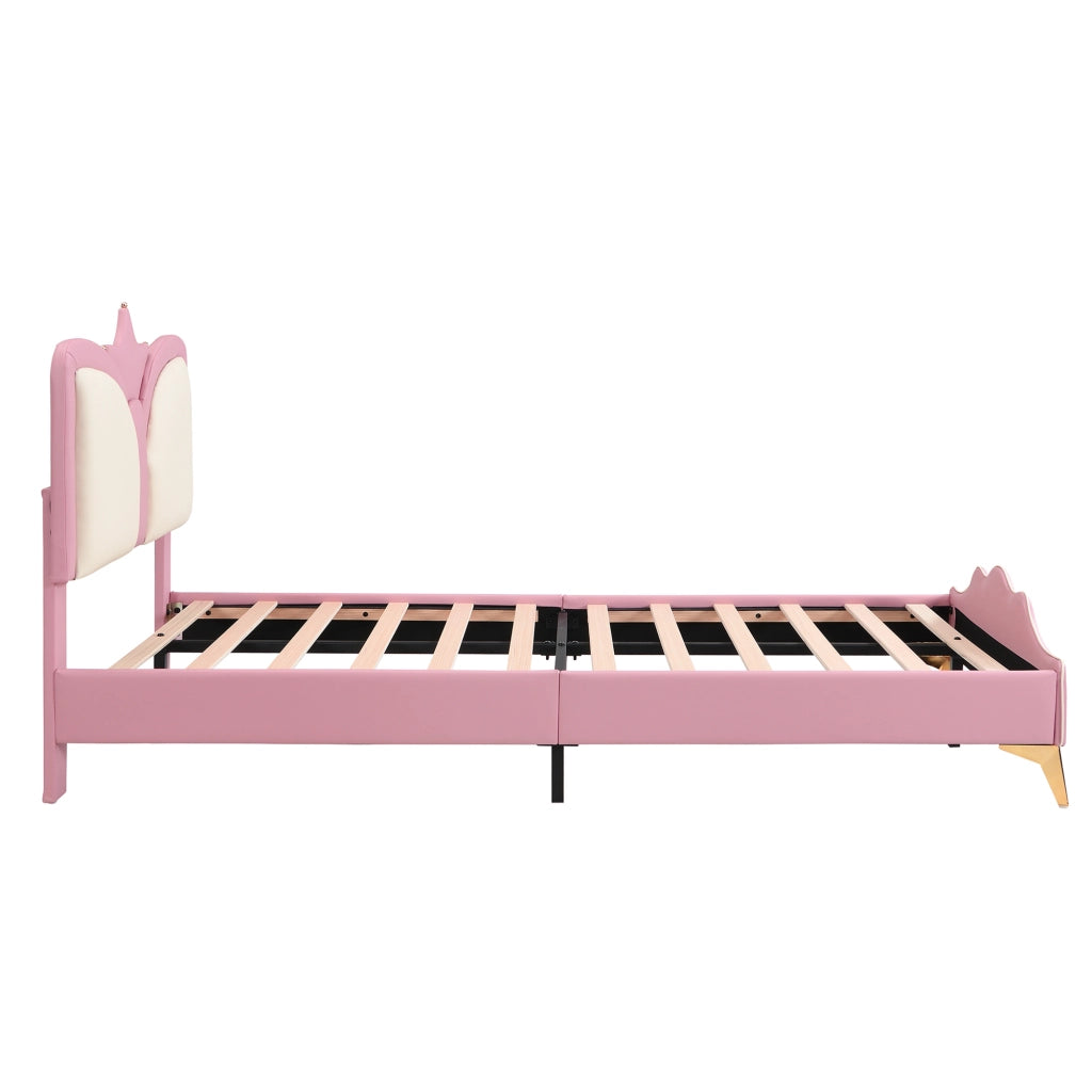 Upholstered Kids Bed;90x200 cm;crown-shaped headboard;pink and white