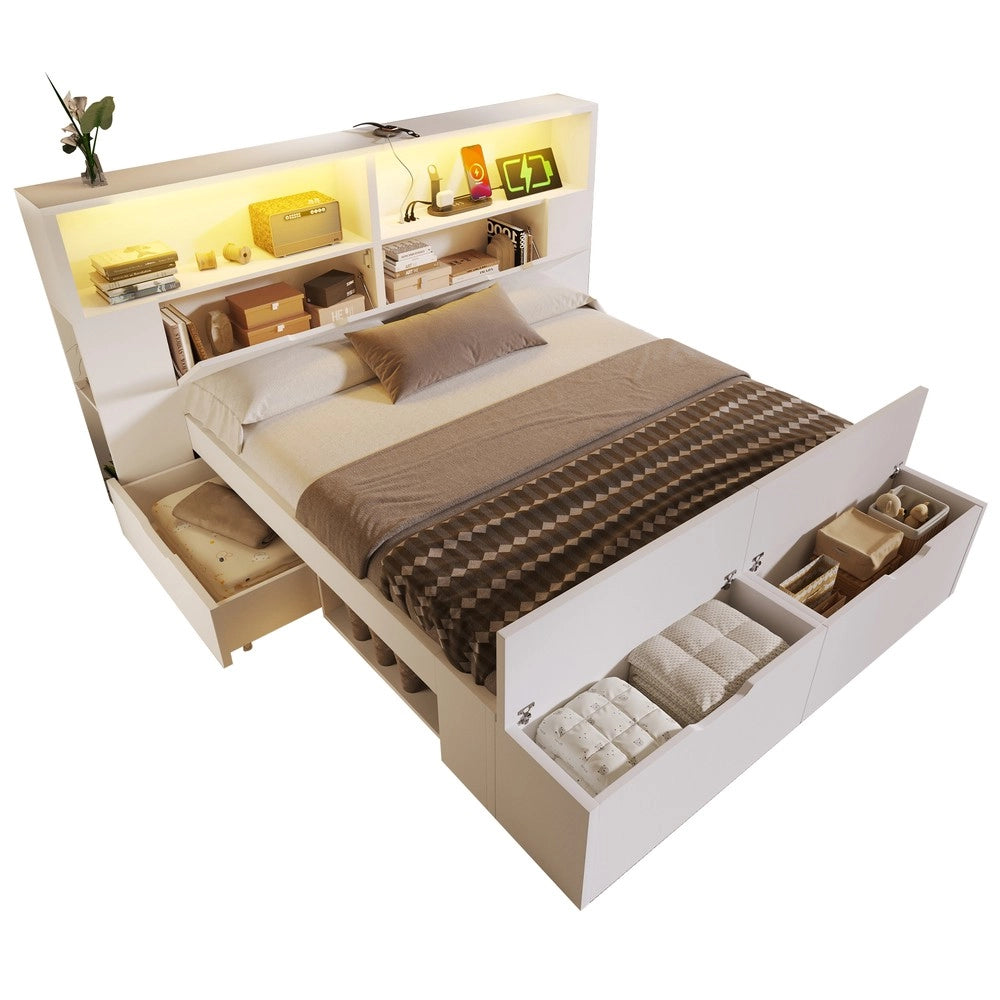 Letto Contenitore 140x200 in Legno con LED, Cassetti e Rete a Doghe ¨C MINIMAL ¨C Bianco