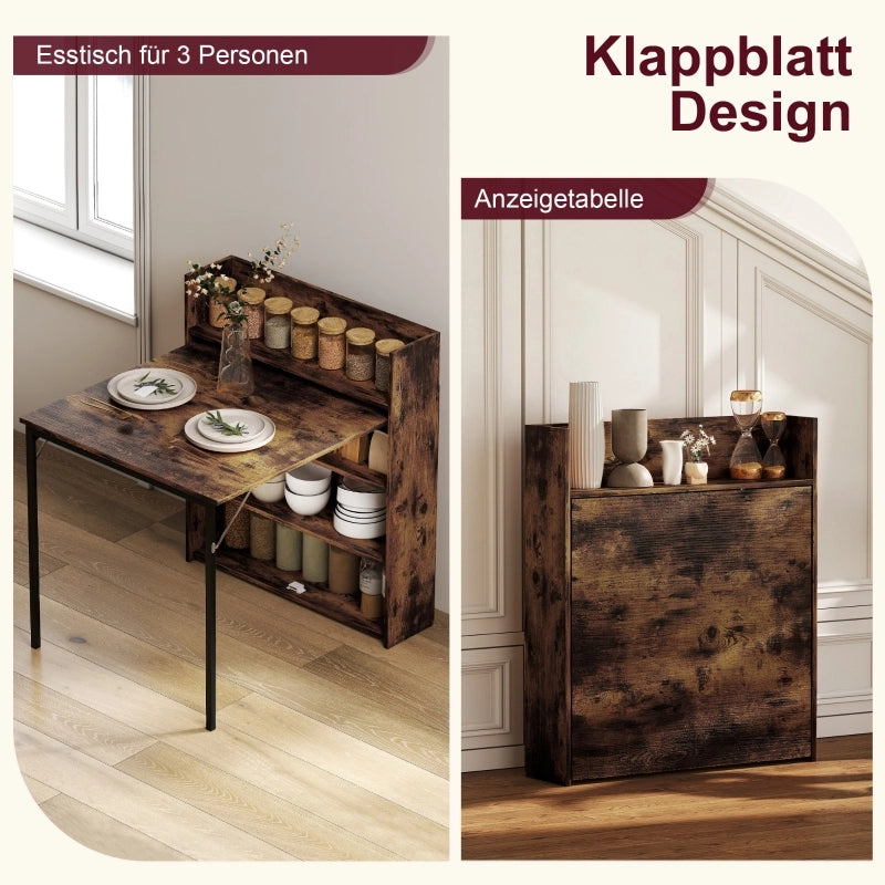 Tavolo da pranzo 3 posti con piano ribaltabile e 3 ripiani - per cucina - 80×90×93 cm