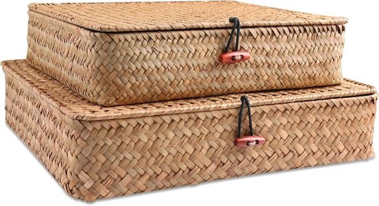 Set di 2 contenitori di stoccaggio in paglia per assi - Materiale naturale zeegras e rotan intrecciato - Contenitori organizzatori per la decorazione di stile boho