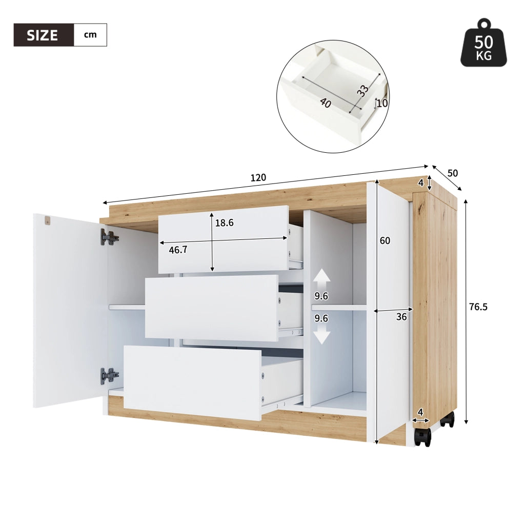 Scrivania pieghevole girevole con ruote, 2 ante e 3 cassetti, 120x50x76,5 cm, bianco e rovere