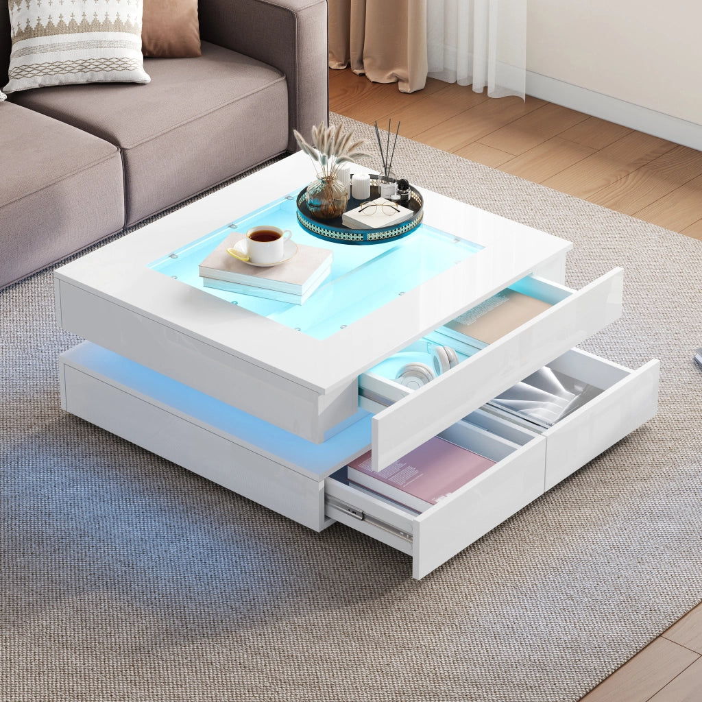 Tavolino da caffè con 3 cassetti e LED - per soggiorno - 70×70×35 cm - bianco