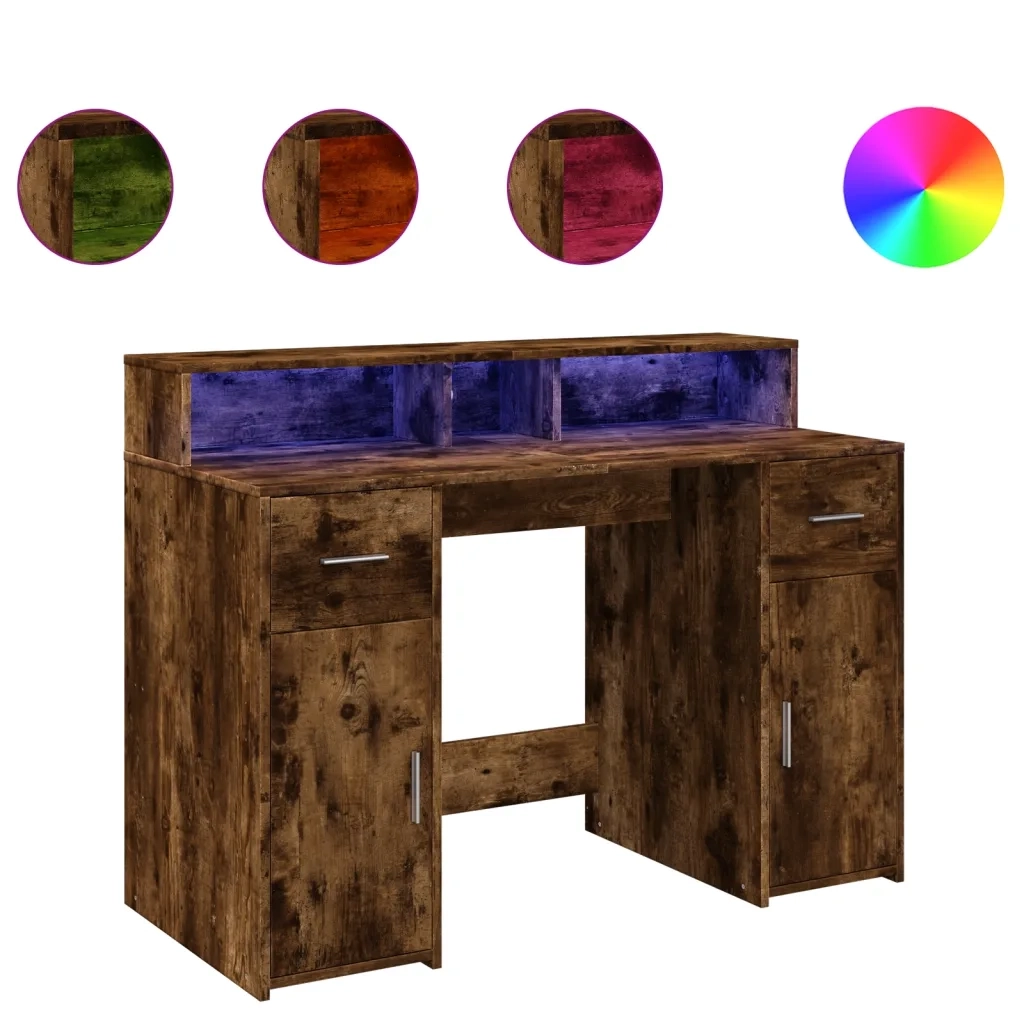 Scrivania con Luci LED Rovere Fumo 120x55x91 cm in Multistrato