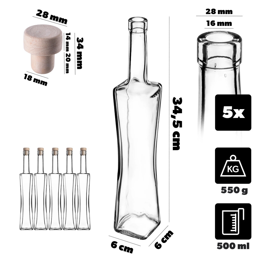 KADAX 5x Bottiglie di vetro Quadra 500 ml Bottiglia di liquore Moonshine 0,5L + Tappo di sughero