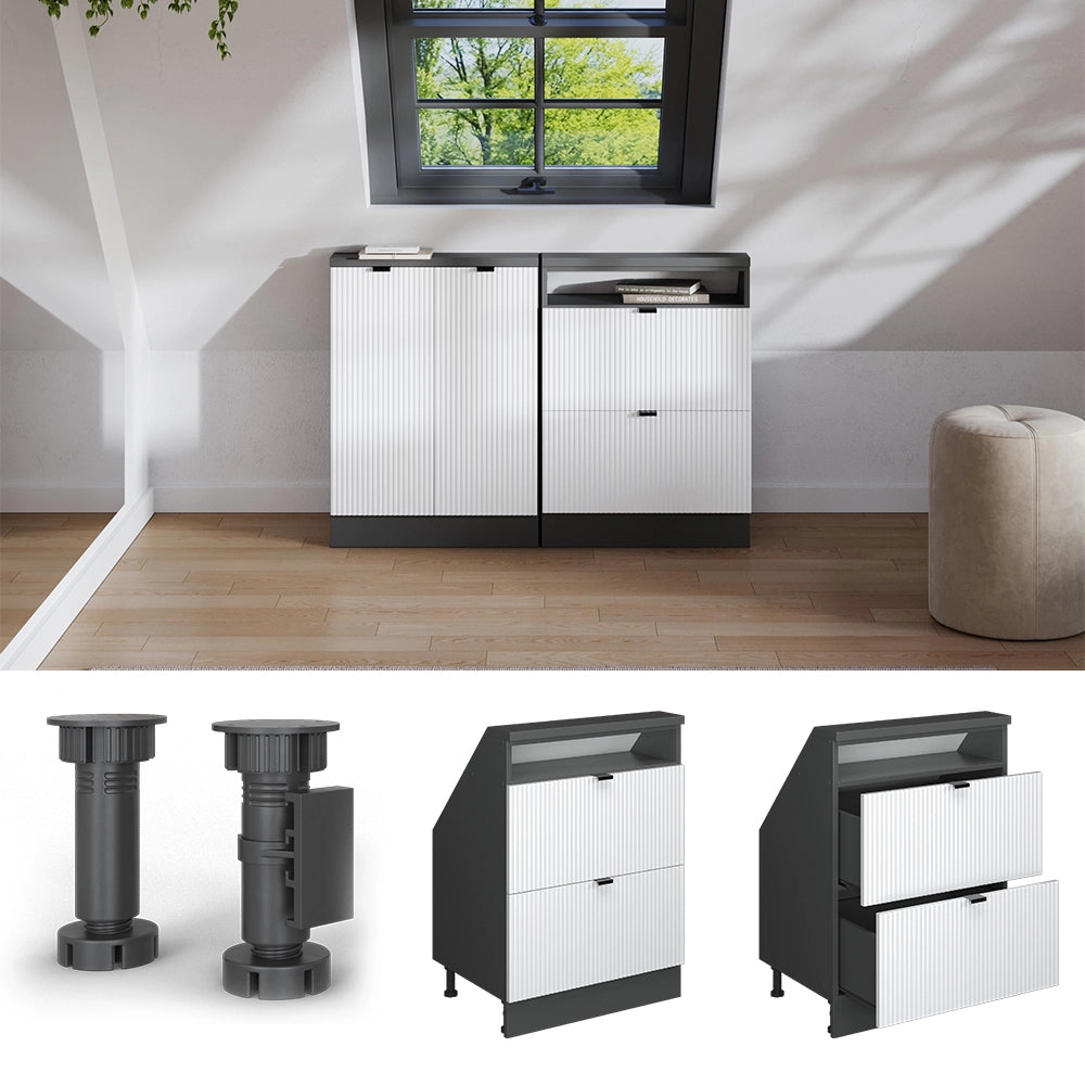 Mobile cucina sottotetto R-Line Ondulazione bianca/Antracite 60 cm con 2 cassetti Vicco