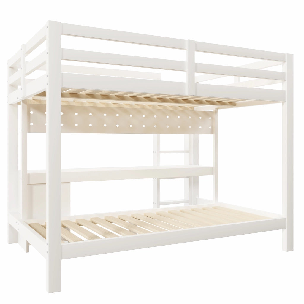 Letto a Soppalco 140x200 cm e 90x200 cm; con Cassetti; Scrivania; Pannello Forato e LED - in Legno e MDF - Bianco