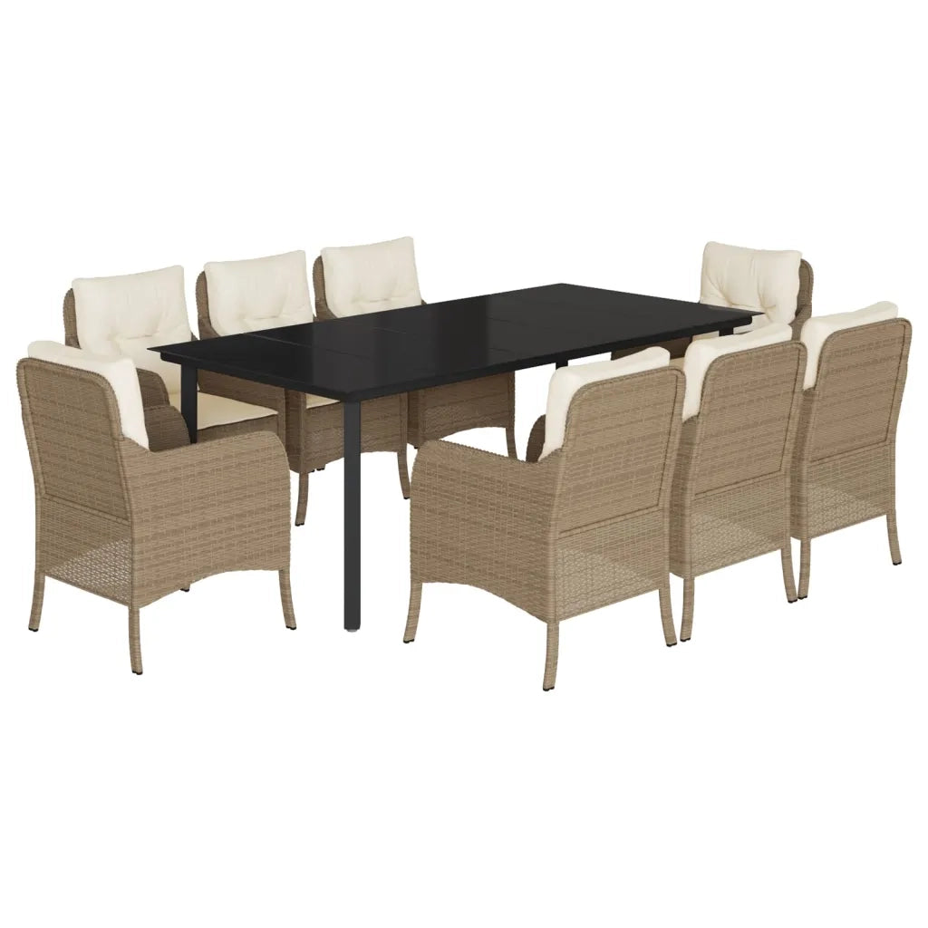 Set da Pranzo da Giardino 9 pz con Cuscini Beige in Polyrattan