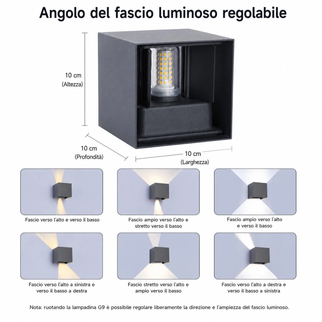 Applique Cubo Nera da Esterno IP65 G9 Sostituibile Lampada Parete Moderna LED Interno Esterno Fascio Regolabile