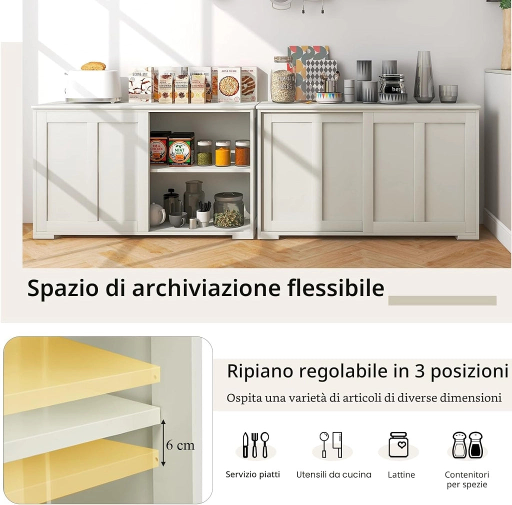 Credenza Cucina con Ripiano Regolabile, Dispositivi Anti-Ribaltamento e Ante Scorrevoli, Mobile Buffet Dispensa Cucina in MDF, Armadietto a Buffet per Sala da Pranzo, 107x33x60cm (Crema)