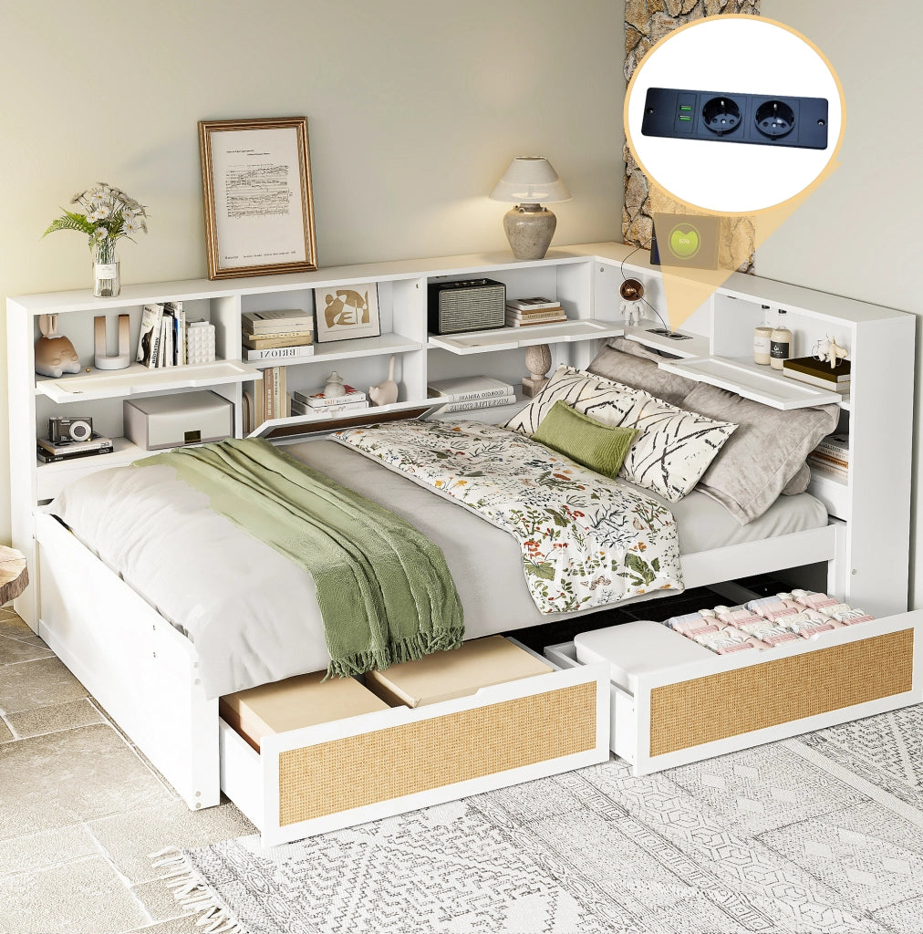 Divano letto multifunzionale 140x200 cm con USB; cassetti; bianco
