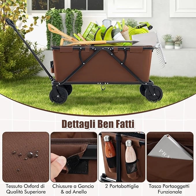 Carrello da Spiaggia Pieghevole, Carrello da Campeggio con Maniglia Regolabile e 360Â° Ruote, Portabottiglie e Tasca Portaoggetti, 170L, per Campeggio, Spiaggia e Giardino (Marrone)