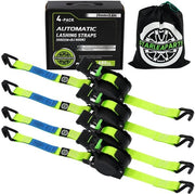 Pacchetto di 4 fascette automatiche con gancio J, rullatore di fascetta automatico 3,6 m x 25 mm, 340 kg/680 kg, fascette retrattili con rullino per motocicletta, kayak e camion, colore verde