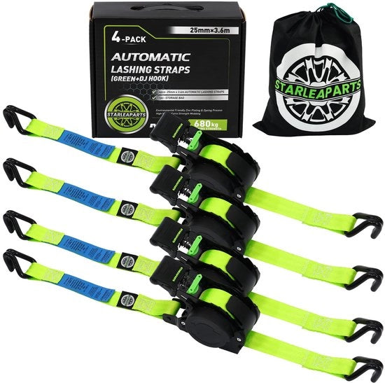 Pacchetto di 4 fascette automatiche con gancio J, rullatore di fascetta automatico 3,6 m x 25 mm, 340 kg/680 kg, fascette retrattili con rullino per motocicletta, kayak e camion, colore verde