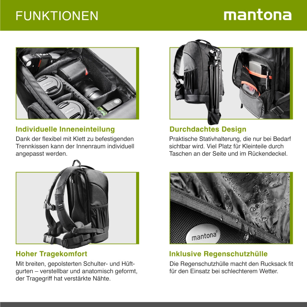 Mantona Zaino fotografico da trekking per fotocamera DSLR Borsa fotografica con supporto per treppiede, copertura antipioggia, interno personalizzabile