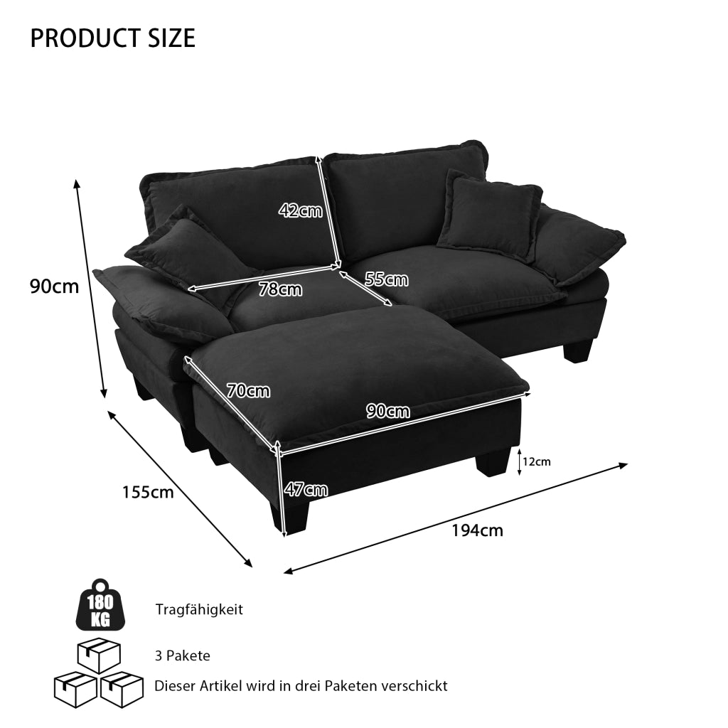 Divano angolare modulare con ottomana mobile e 2 cuscini in ciniglia nera per soggiorno 194 × 151 × 90 cm