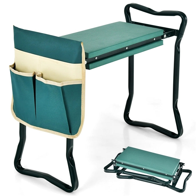 Sedile da giardino 2-in-1 portatile e pieghevole, Panchina per uso intensivo con grande borsa per attrezzi
