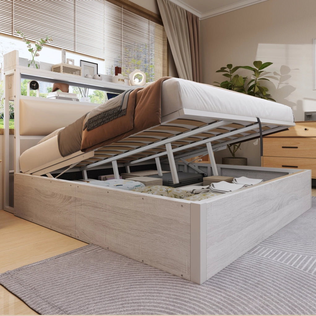 Letto 180x200 cm con contenitore idraulico in metallo; legno e tessuto bianco