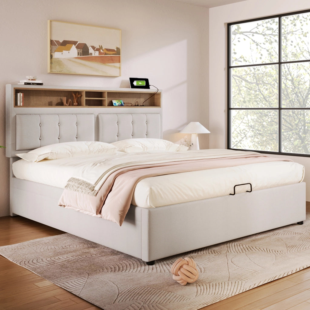 Letto Contenitore Matrimoniale con USB; Tipo C e 4 Vani 160 x 200 cm; senza Materasso; Lino; Beige