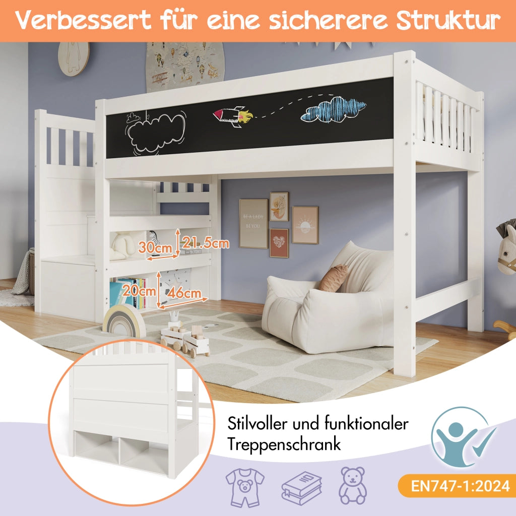 Letto a Soppalco 90 x 200 cm; Letto per Bambini - Scala con Contenitore e Lavagna - Bianco