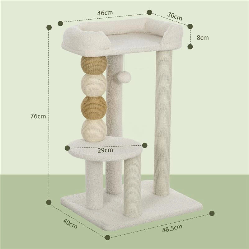 TORRE PER GATTI CON LETTINO PIATTAFORMA E PALLINA GIOCATTOLO IN LEGNO PELUCHE E IUTA 48.5X40X76 CM BEIGE