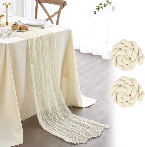 Set di 2 pezzi di stoffa di cotone ecologico in crème per decorazioni di tavola in stile boho, 90x300cm, riutilizzabile