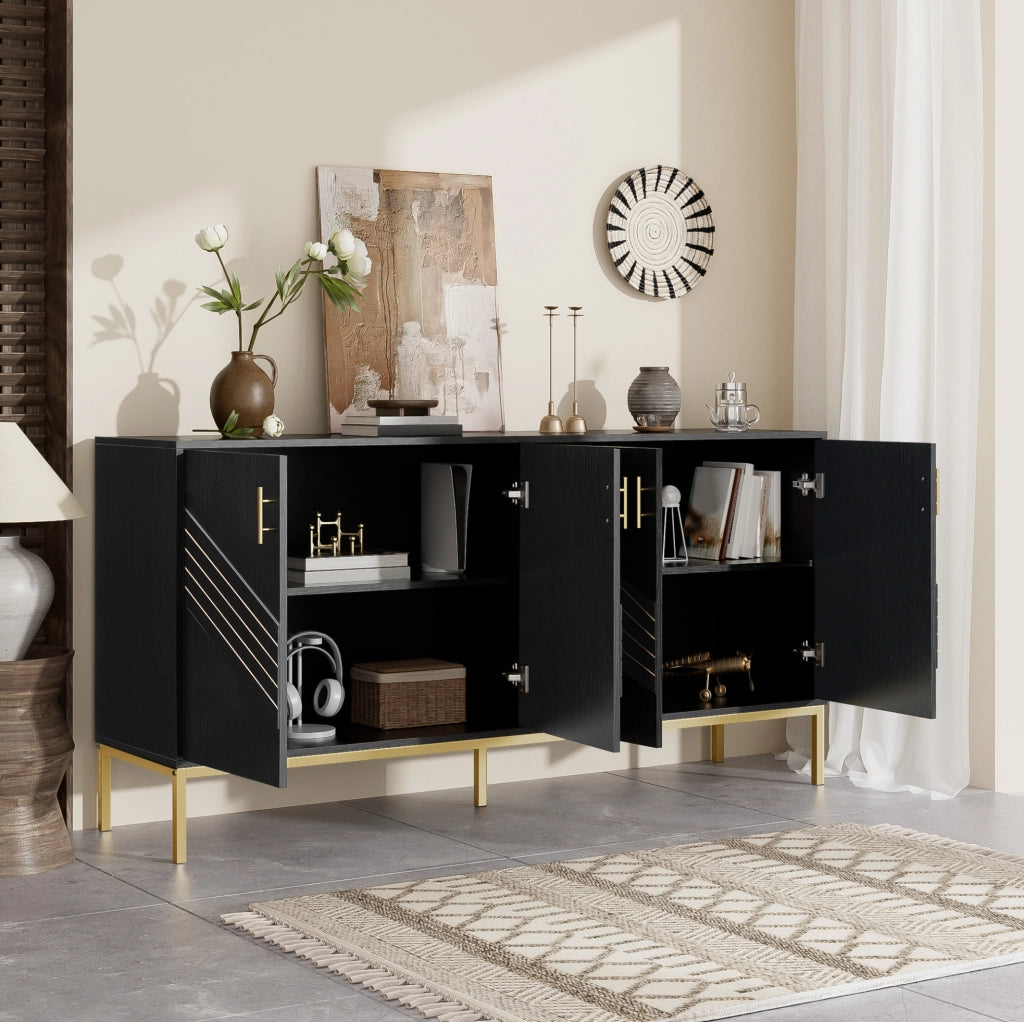 Madia 4 ante in MDF nero e effetto legno con ripiani regolabili