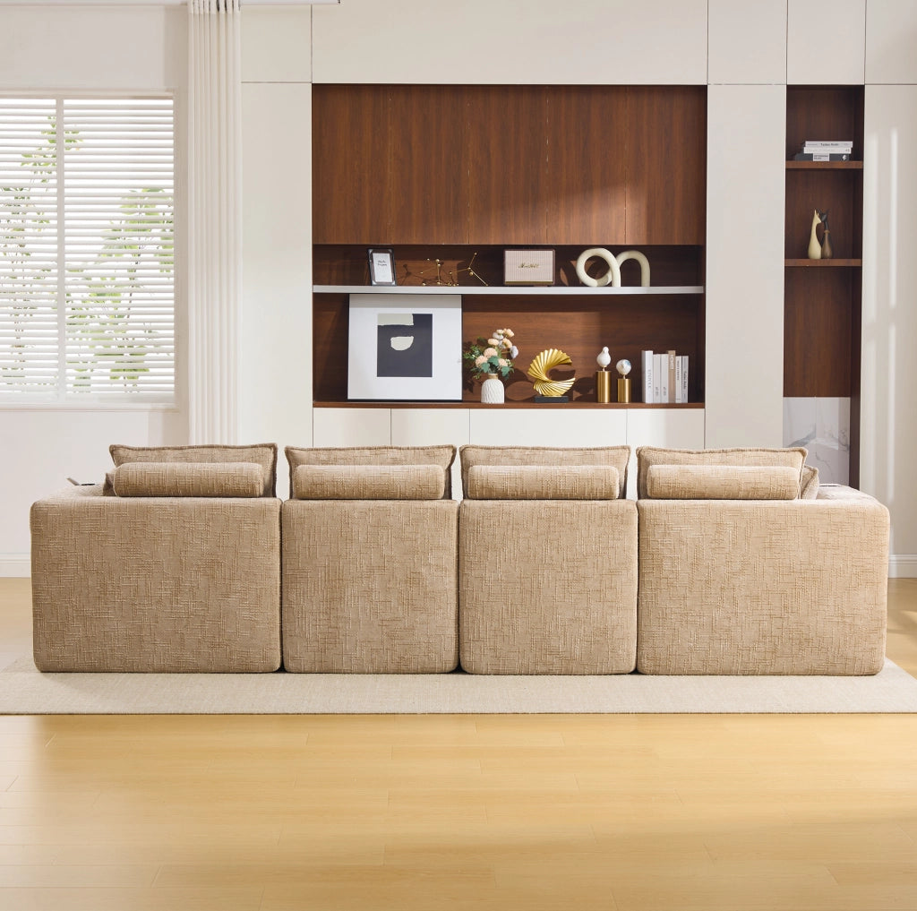 Divano modulare 4 posti in tessuto chenille kaki con 2 pouf, cuscini, portabicchieri e tasche laterali