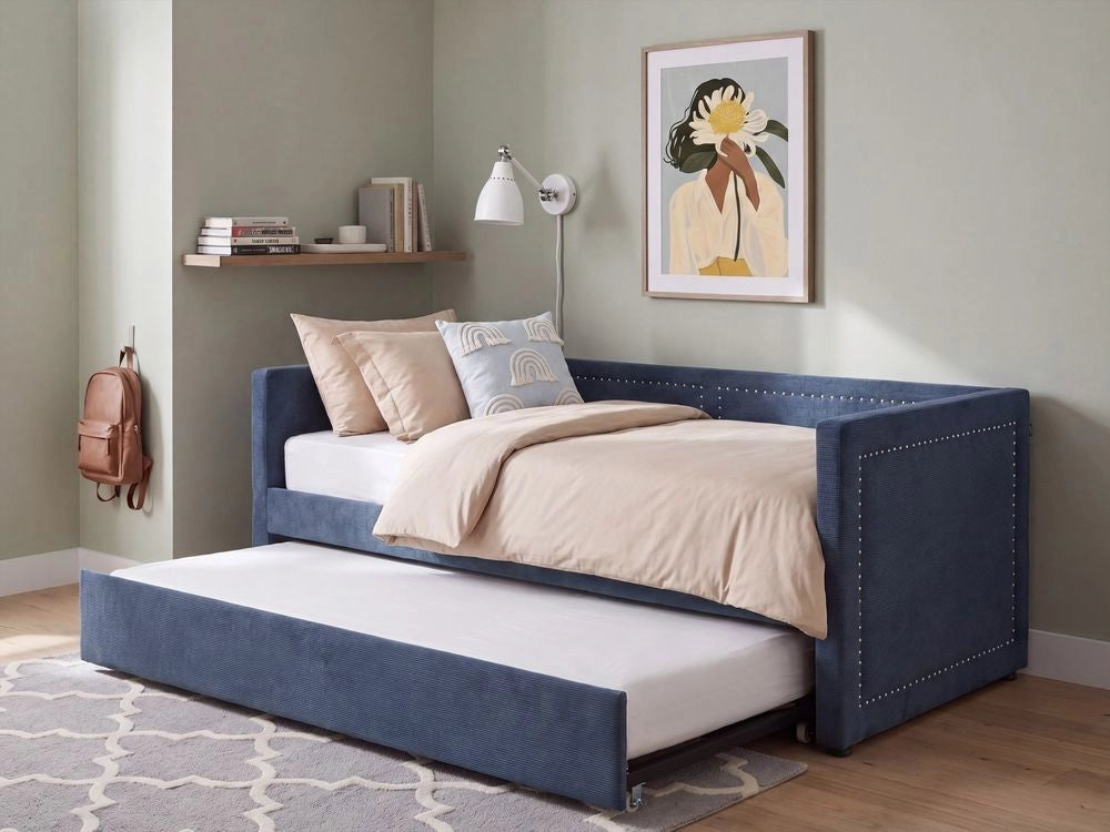 Letto da giorno estraibile velluto a coste blu marino 90 x 200 con rete a doghe e testiera con chiodini