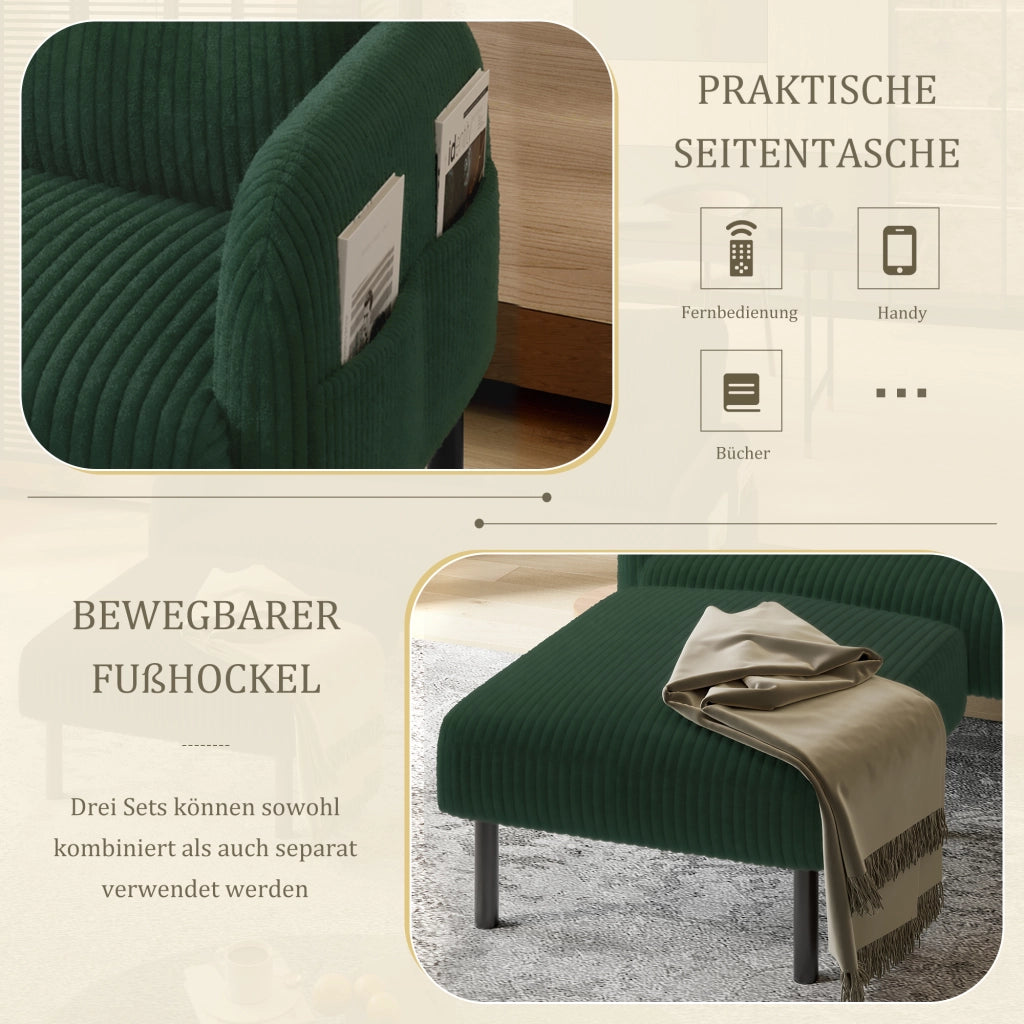 DIVANO 2 posti in corduroy verde smeraldo con tasca laterale, 120 x 75 x 79 cm