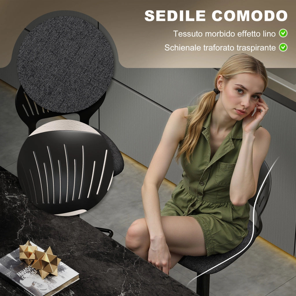 Set 2 Sgabelli da Bar 40,5x43x84-105 cm in Tessuto Effetto Lino e Metallo con Poggiapiedi Nero