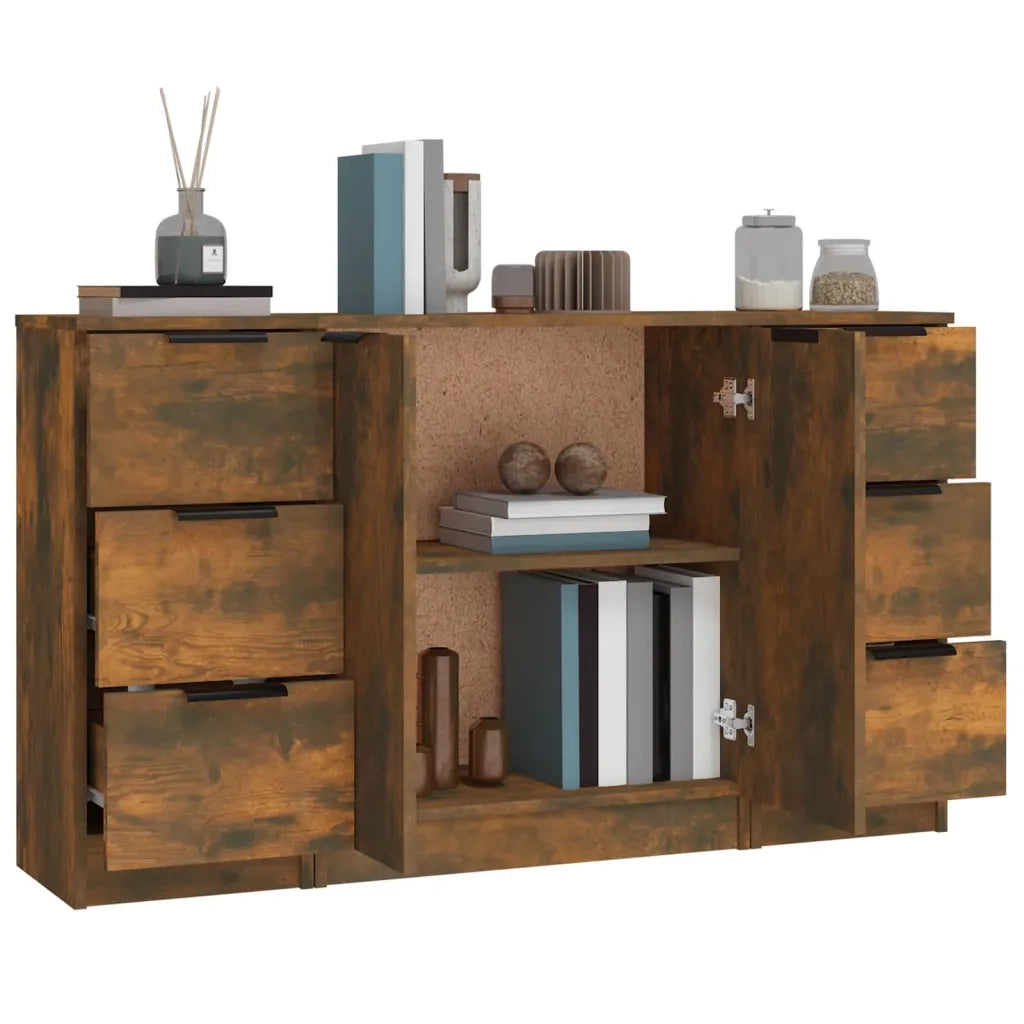 Credenze 3 pz | Madia | Buffet da pranzo | Armadio da pranzo Rovere Fumo in Legno Multistrato