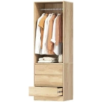 Armadio Guardaroba con Asta Appendiabiti, Ripiano Aperto e 3 Cassetti, in Legno, 60x48.5x185 cm, color Teak