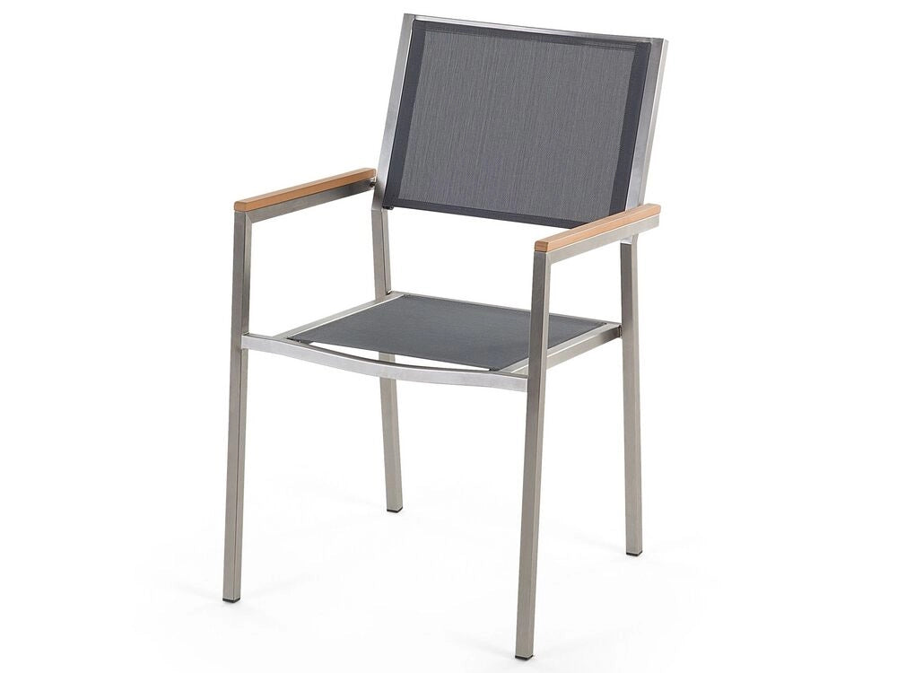 Set da pranzo da giardino con piano in legno di eucalipto chiaro e struttura in acciaio 180 x 90 cm con 6 sedie grigie