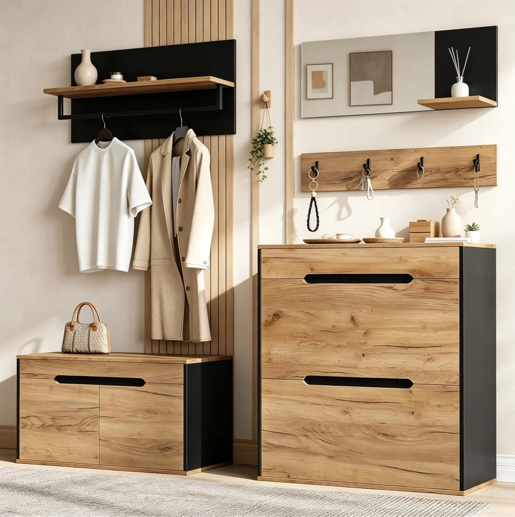 Set guardaroba modulare con scarpiera, panca, specchio e 4 ganci, naturale e nero