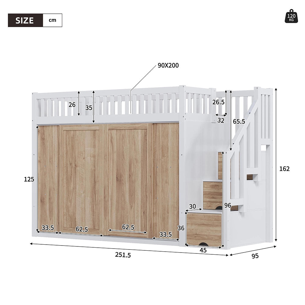 Letto a soppalco-Xylo-90x200cm, armadio, LED colorati, bianco+quercia