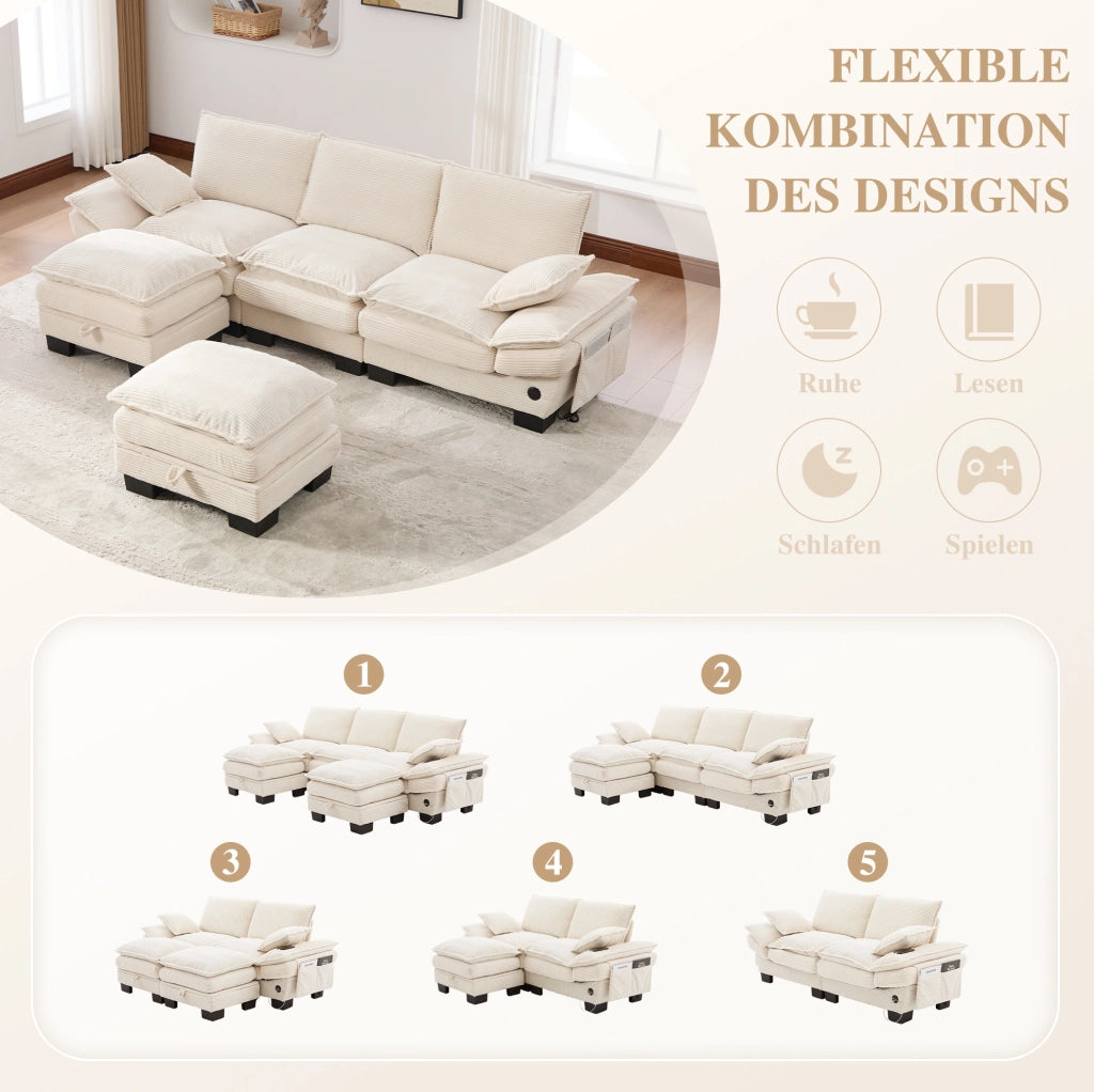 Divano modulare 3 posti in corduroy beige con USB-C e pouf; 260x132x84 cm