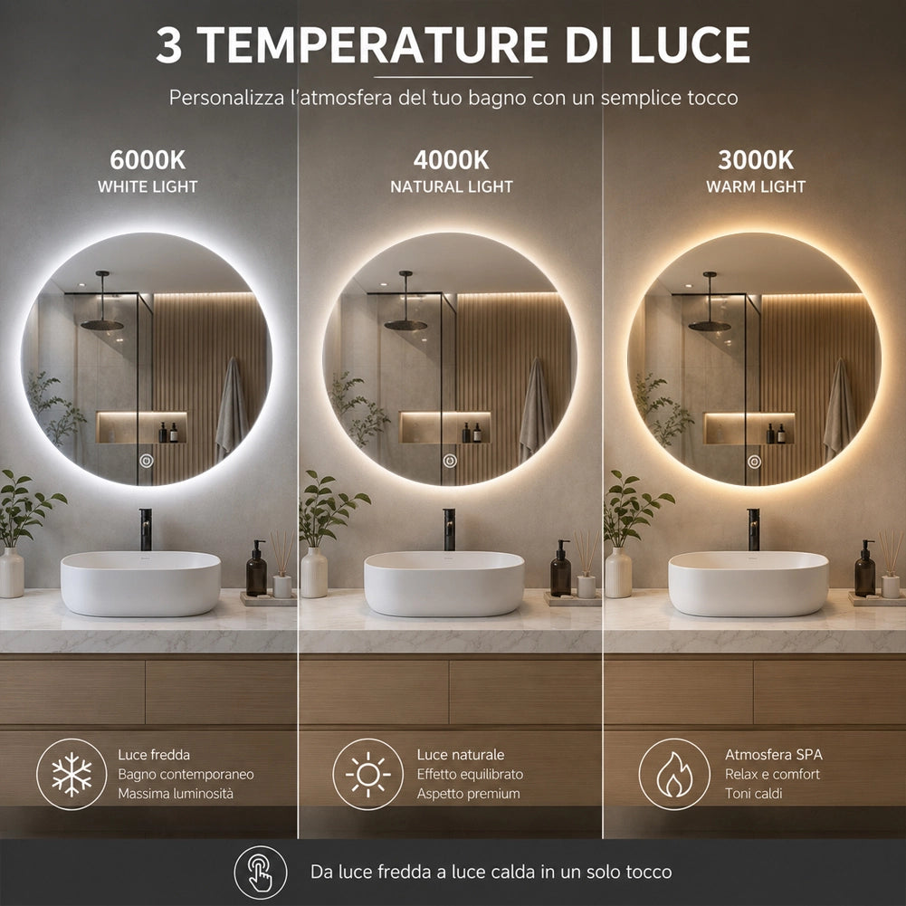 Specchio Tondo Diametro 60cm Led a 3 Colori Decorazione Interni Accensione Touch