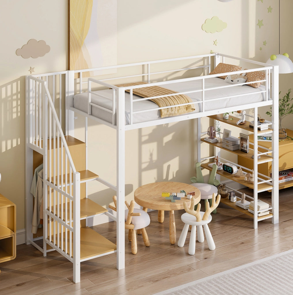 Letto a soppalco 90x200 cm con scala contenitore e armadio; bianco